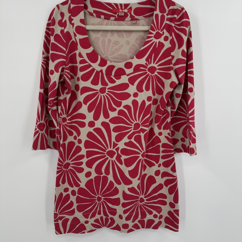 Boden Tunic Top Womens US 10 UK 14 Beige Red Floral Print 3/4 Sleeve Boho Casual